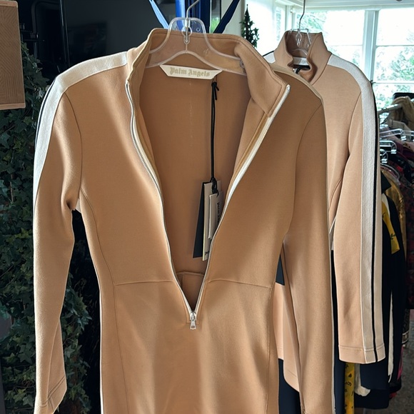 Palm Angels TRACK MINI DRESS  FITTED IN BEIGE WITH WHITE AT SLEEVES SIZE SMALL - Picture 7 of 8